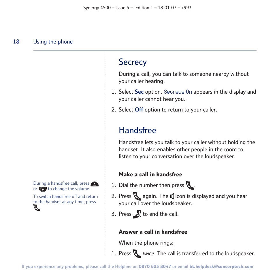 Secrecy, Handsfree | BT SYNERGY 4500 User Manual | Page 18 / 100