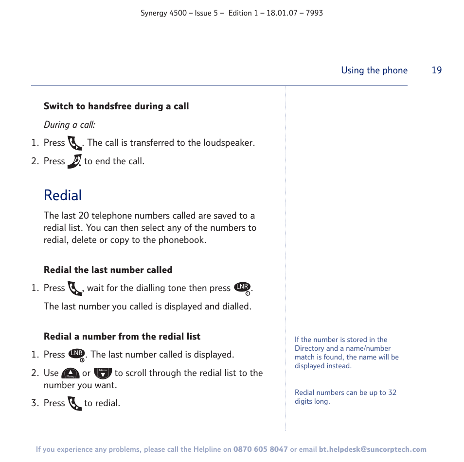 Redial | BT SYNERGY 4500 User Manual | Page 19 / 100