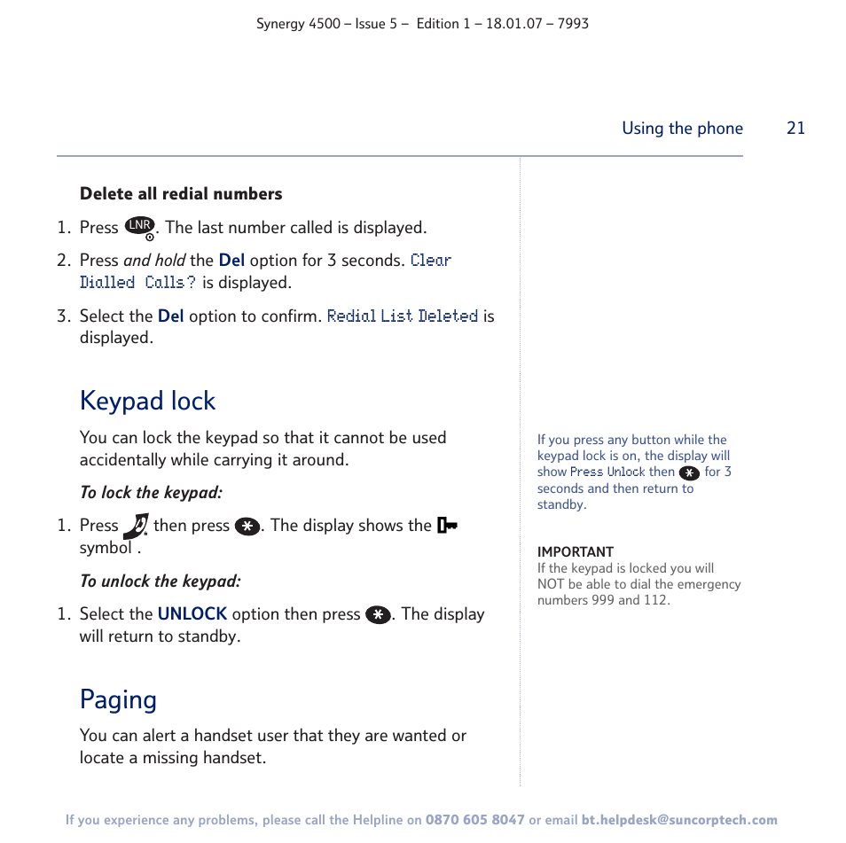 Keypad lock, Paging | BT SYNERGY 4500 User Manual | Page 21 / 100