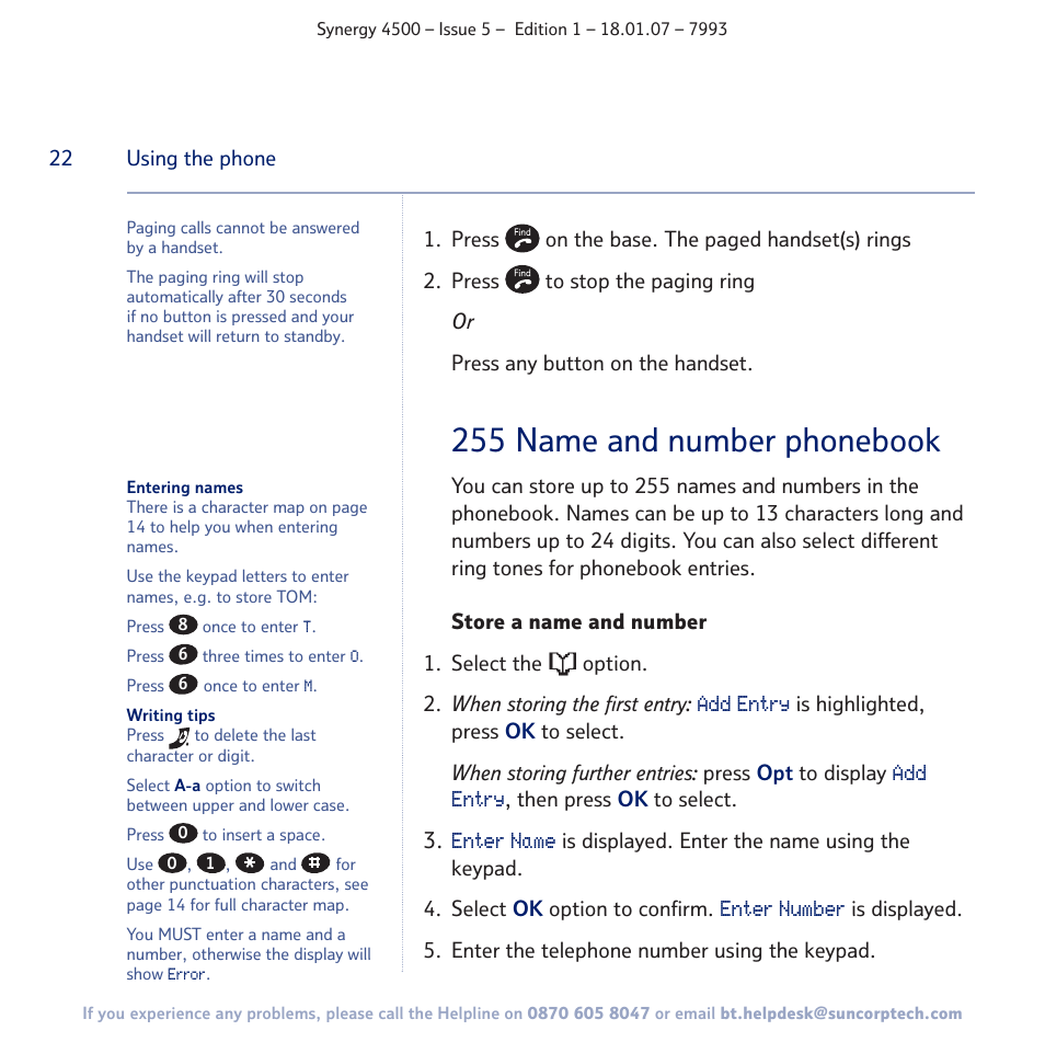 255 name and number phonebook | BT SYNERGY 4500 User Manual | Page 22 / 100