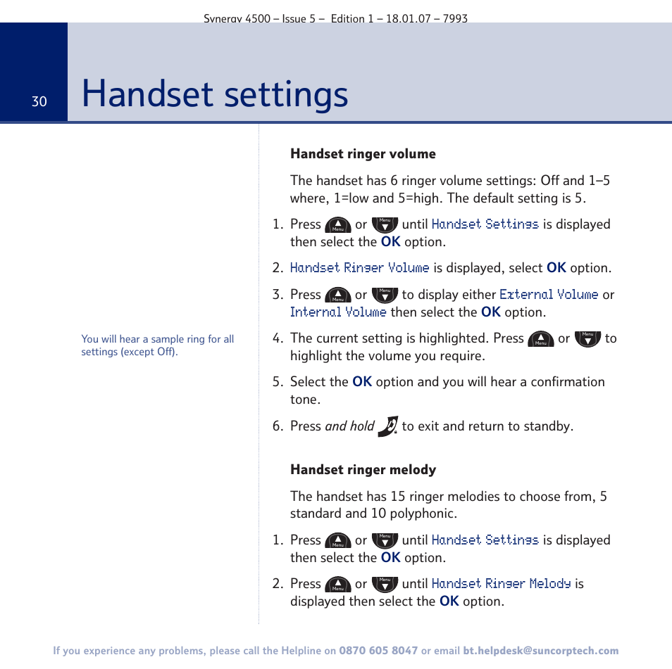 Handset settings | BT SYNERGY 4500 User Manual | Page 30 / 100