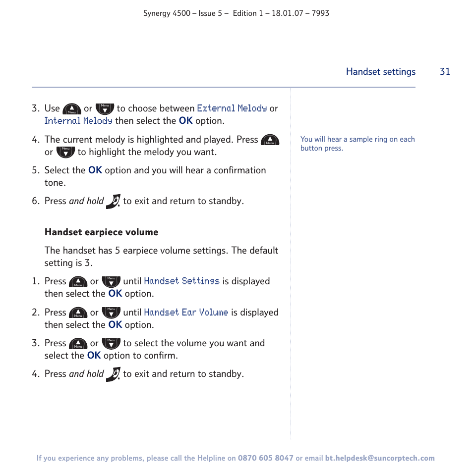 External melody, Internal melody, Handset settings | Handset ear volume | BT SYNERGY 4500 User Manual | Page 31 / 100