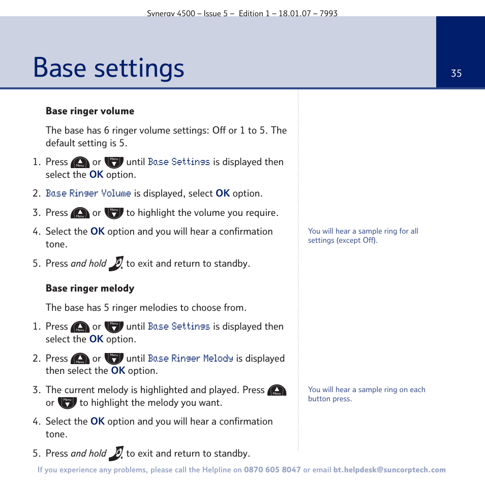 Base settings | BT SYNERGY 4500 User Manual | Page 35 / 100