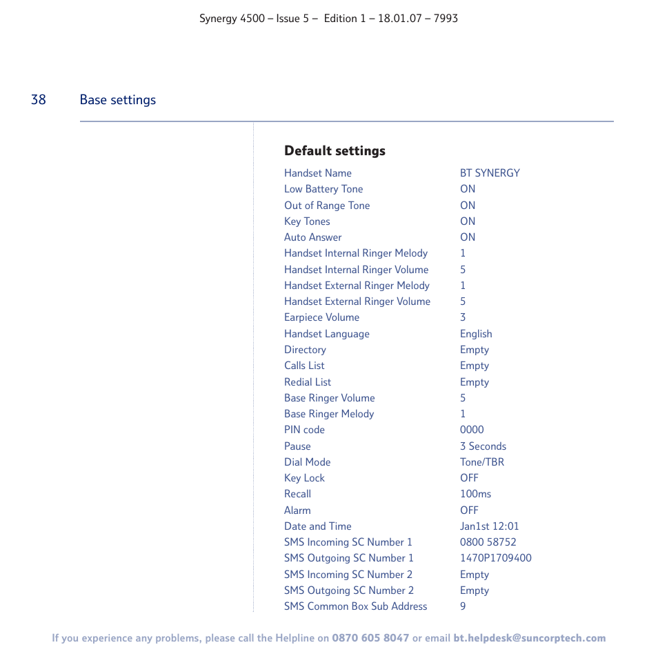 Default settings, Base settings | BT SYNERGY 4500 User Manual | Page 38 / 100