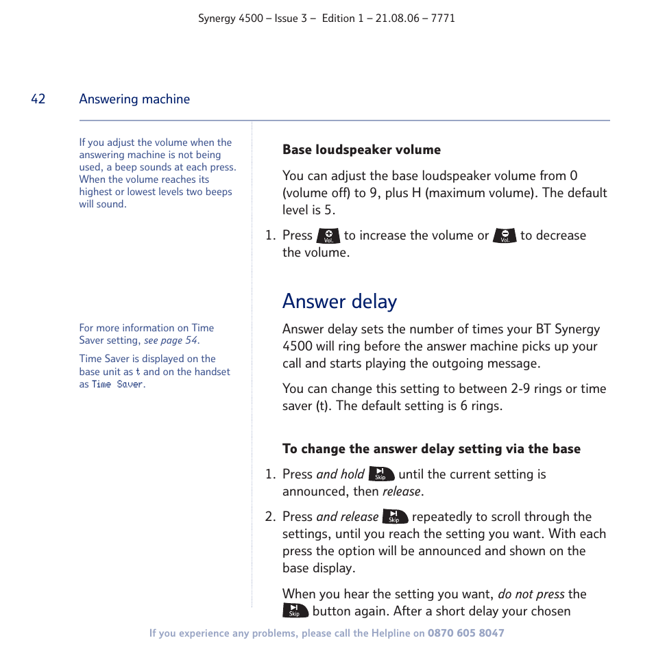 Answer delay | BT SYNERGY 4500 User Manual | Page 42 / 100