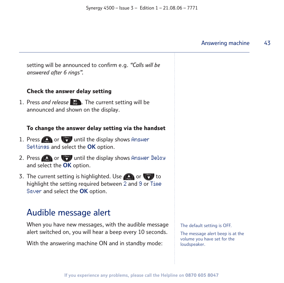 Audible message alert | BT SYNERGY 4500 User Manual | Page 43 / 100