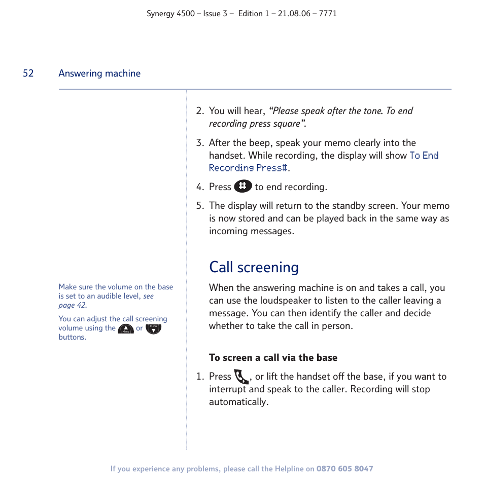 Call screening | BT SYNERGY 4500 User Manual | Page 52 / 100