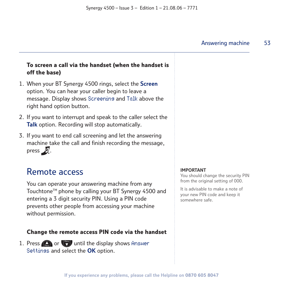 Remote access | BT SYNERGY 4500 User Manual | Page 53 / 100
