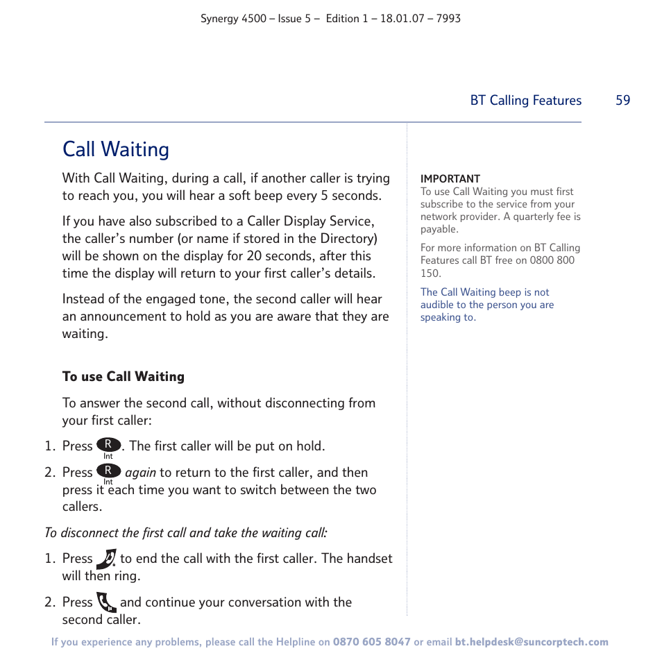 Call waiting | BT SYNERGY 4500 User Manual | Page 59 / 100