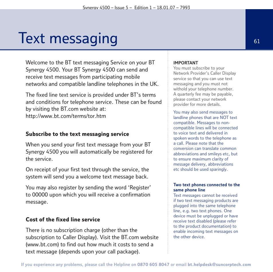Text messaging | BT SYNERGY 4500 User Manual | Page 61 / 100