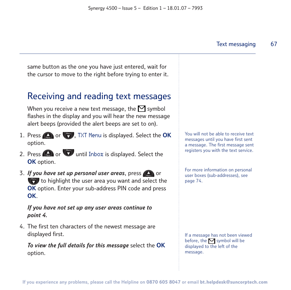 Receiving and reading text messages | BT SYNERGY 4500 User Manual | Page 67 / 100
