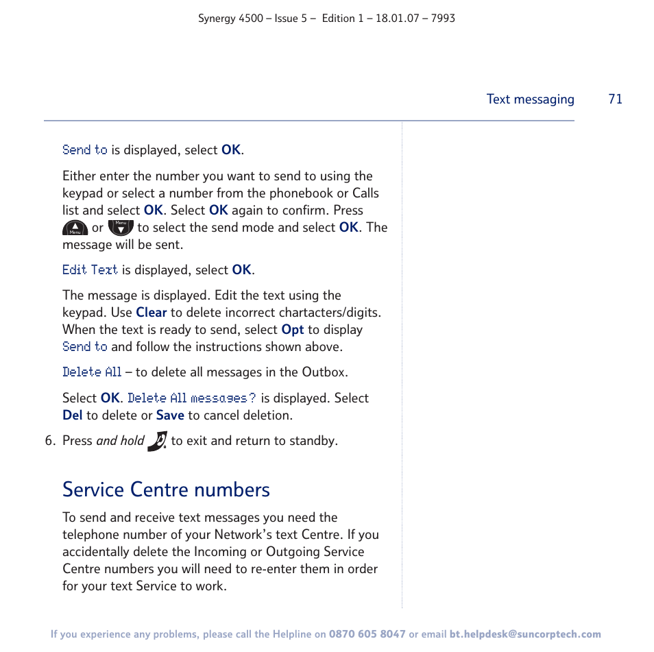 Service centre numbers | BT SYNERGY 4500 User Manual | Page 71 / 100