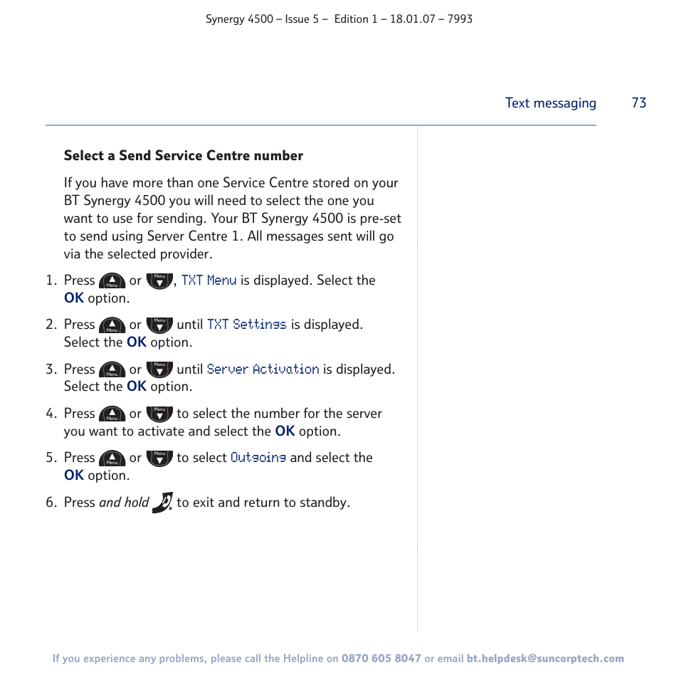 Txt menu, Txt settings, Server activation | Outgoing | BT SYNERGY 4500 User Manual | Page 73 / 100