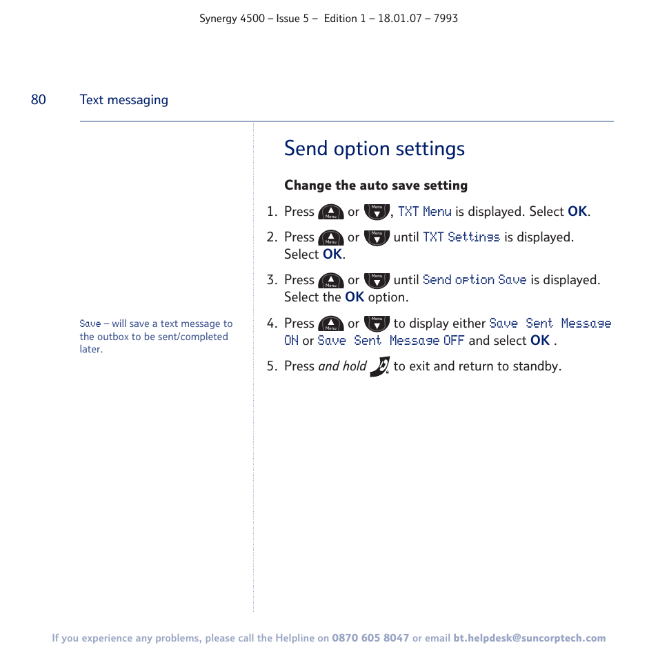 Send option settings | BT SYNERGY 4500 User Manual | Page 80 / 100
