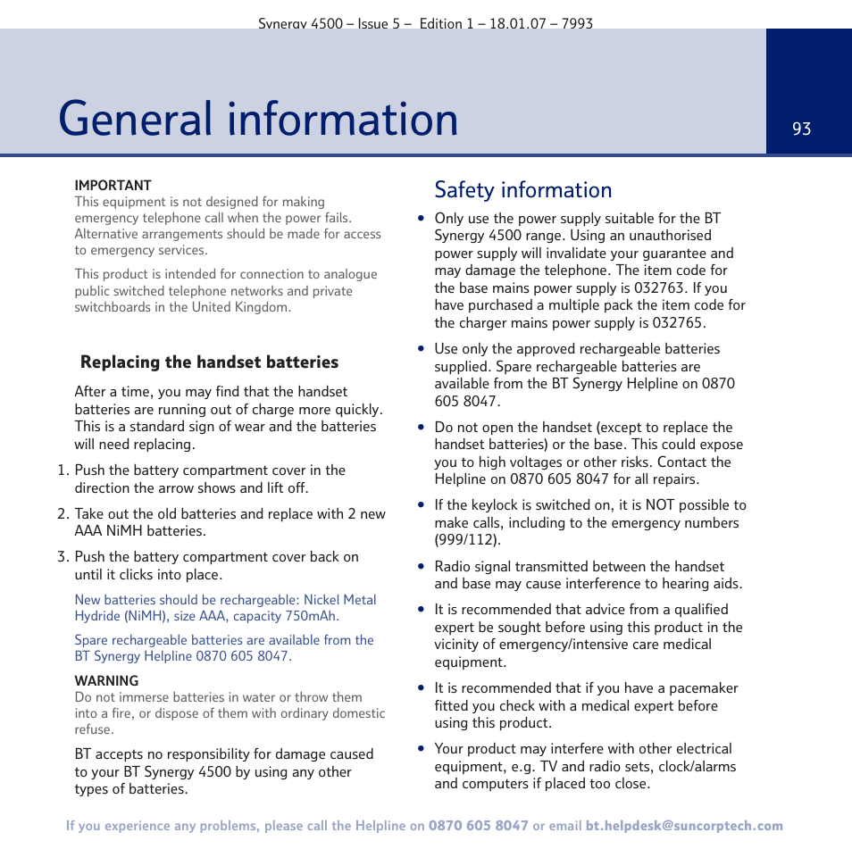 General information, Safety information | BT SYNERGY 4500 User Manual | Page 93 / 100