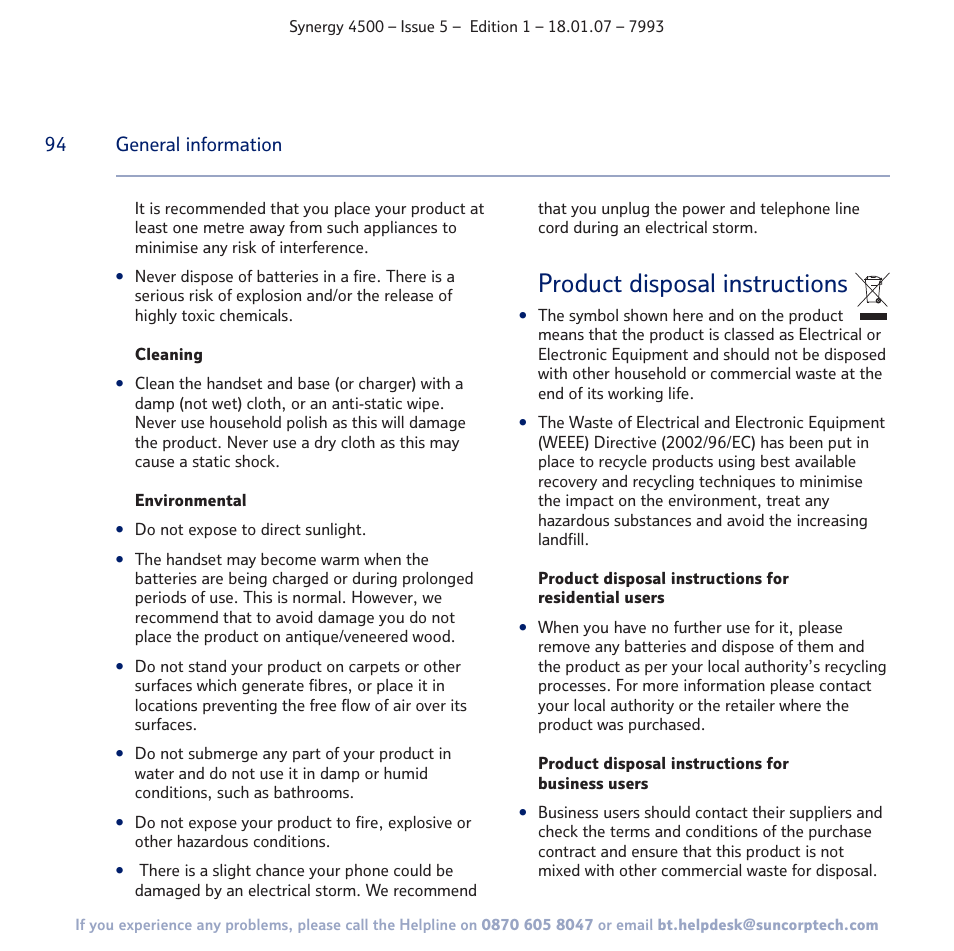 Product disposal instructions | BT SYNERGY 4500 User Manual | Page 94 / 100