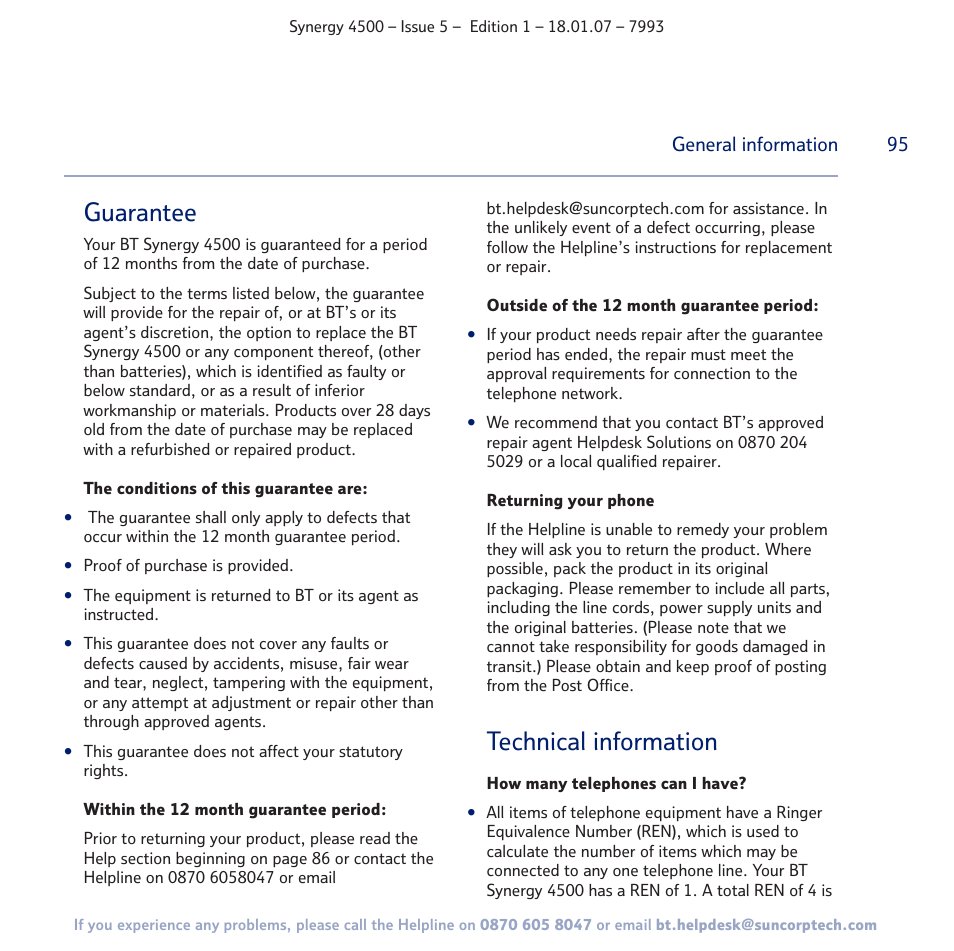 Guarantee, Technical information | BT SYNERGY 4500 User Manual | Page 95 / 100