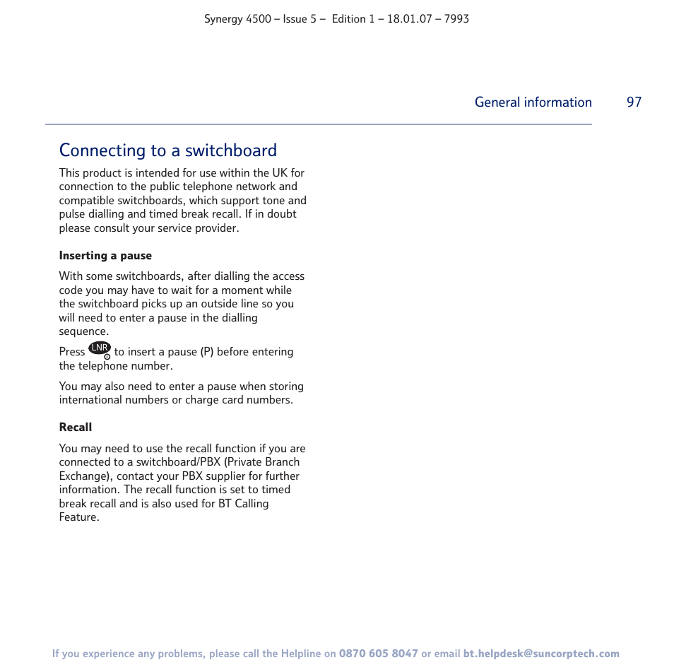 Connecting to a switchboard | BT SYNERGY 4500 User Manual | Page 97 / 100
