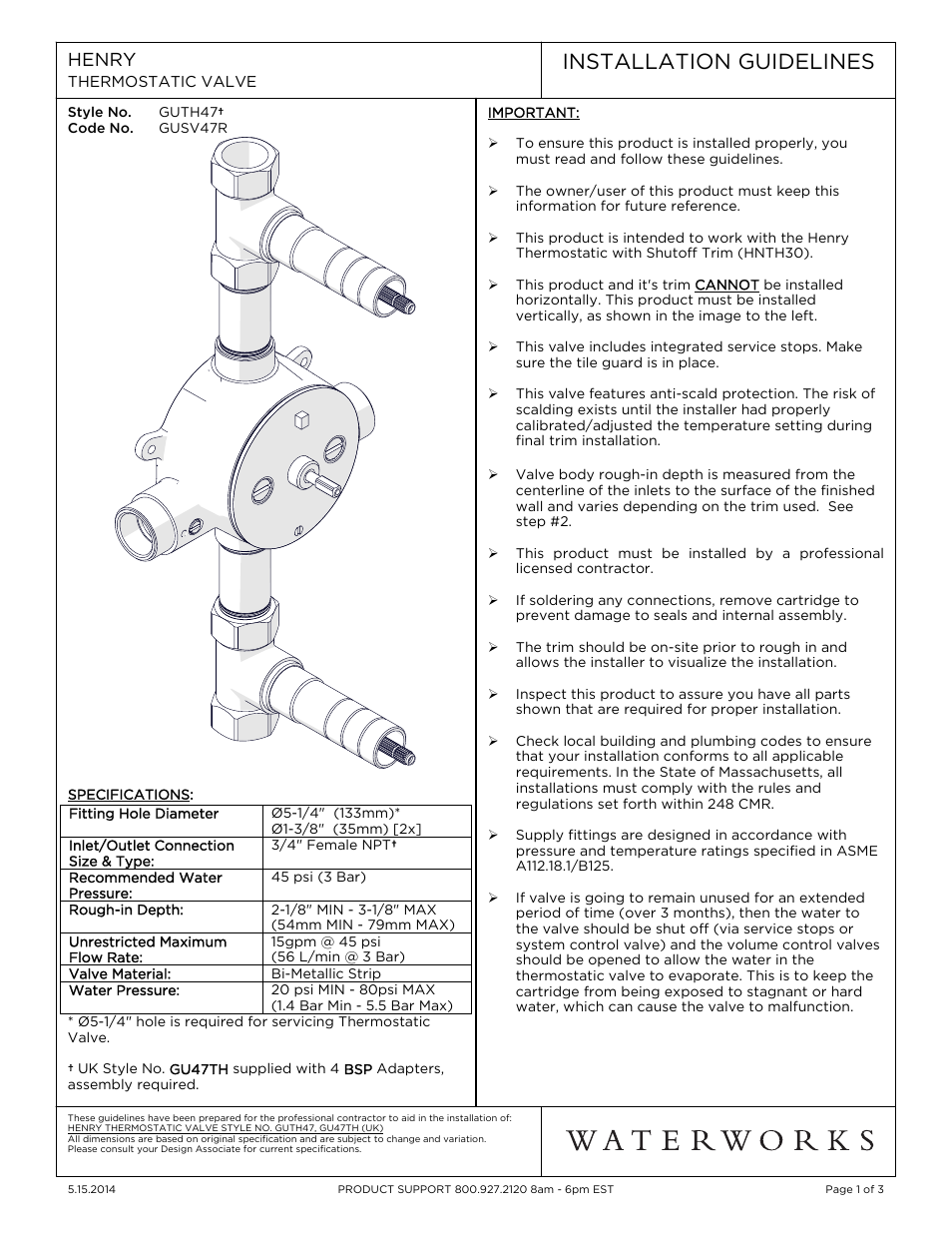 Waterworks Henry Thermostatic Valve User Manual | 3 pages