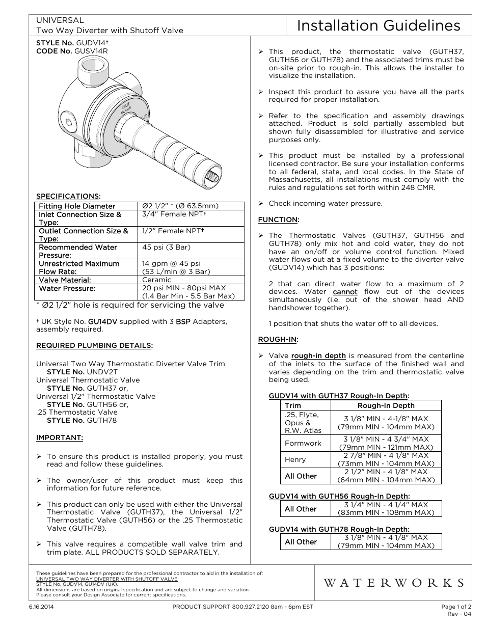 Waterworks Universal Two Way Diverter Valve with Shutoff for Thermostatic Shower Systems User Manual | 2 pages