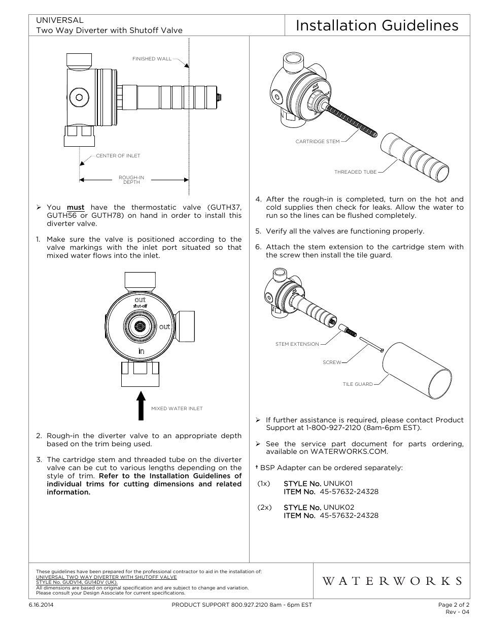 Installation guidelines | Waterworks Universal Two Way Diverter Valve with Shutoff for Thermostatic Shower Systems User Manual | Page 2 / 2