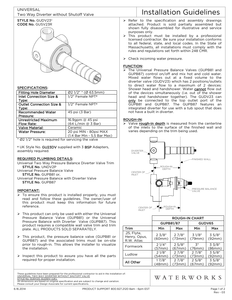 Waterworks Universal Two Way Diverter Valve without Shutoff for Pressure Balance Shower Systems User Manual | 2 pages