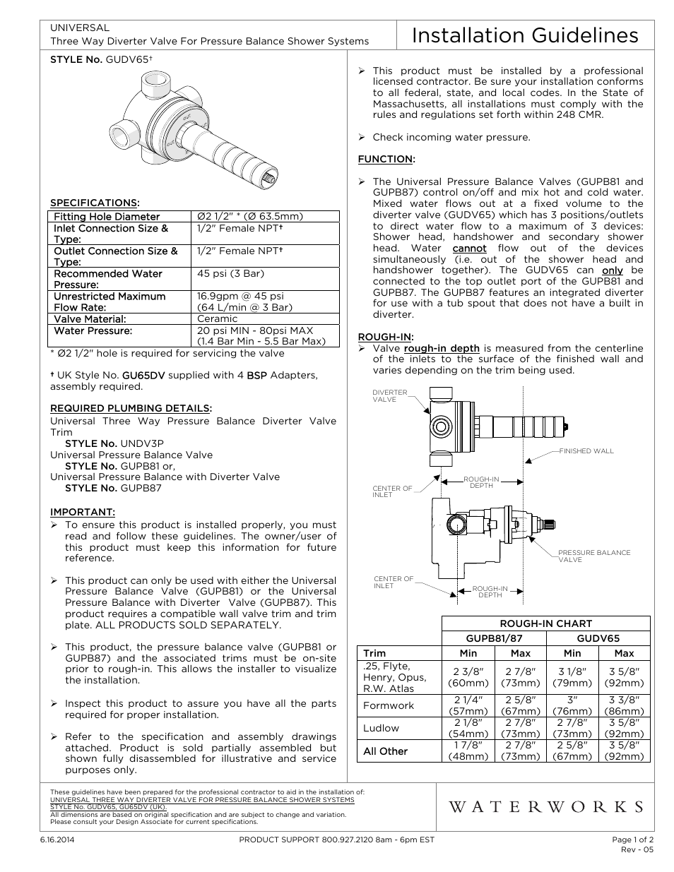 Waterworks Universal Three Way Diverter Valve without Shutoff for Pressure Balance Shower Systems User Manual | 2 pages