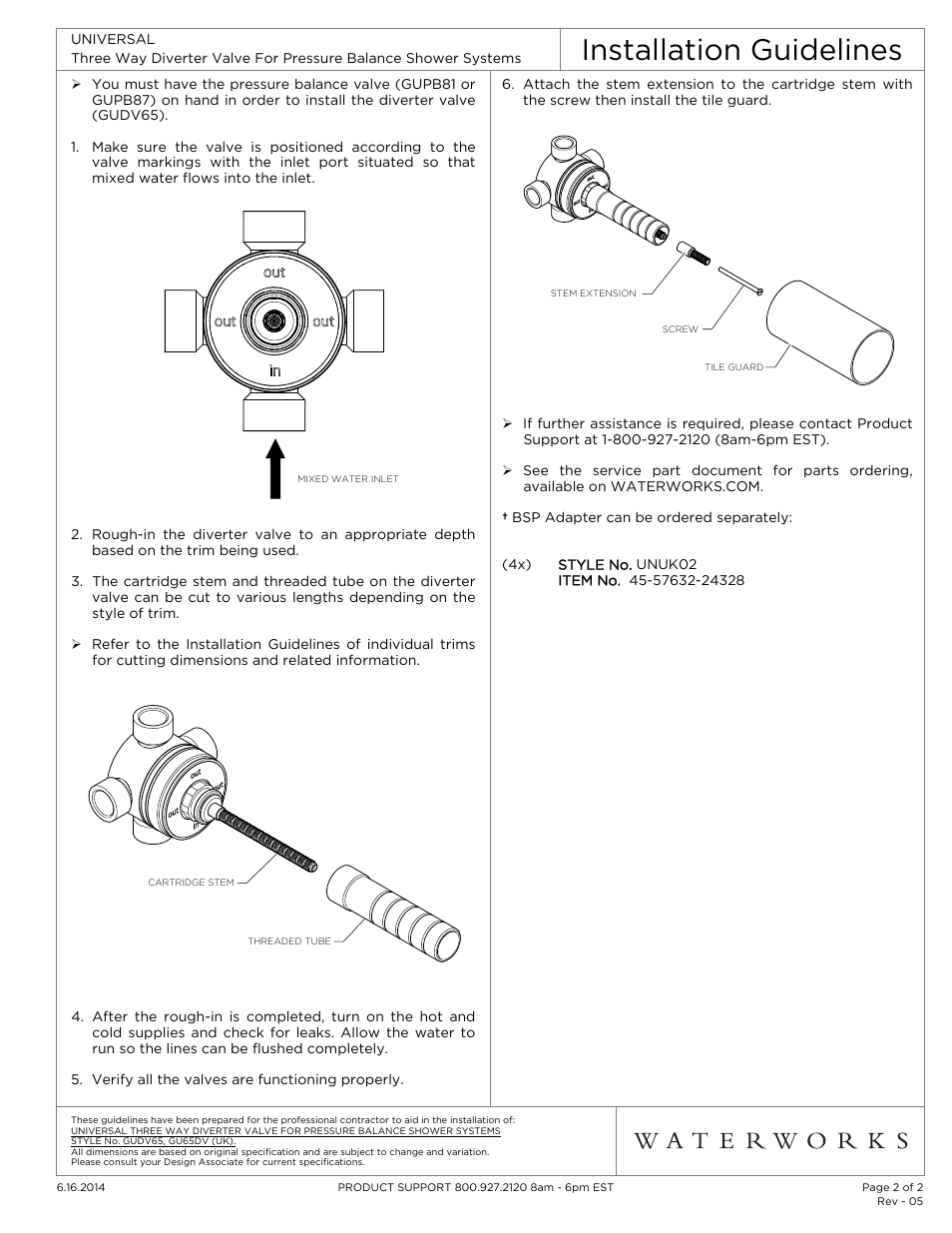 Installation guidelines | Waterworks Universal Three Way Diverter Valve without Shutoff for Pressure Balance Shower Systems User Manual | Page 2 / 2