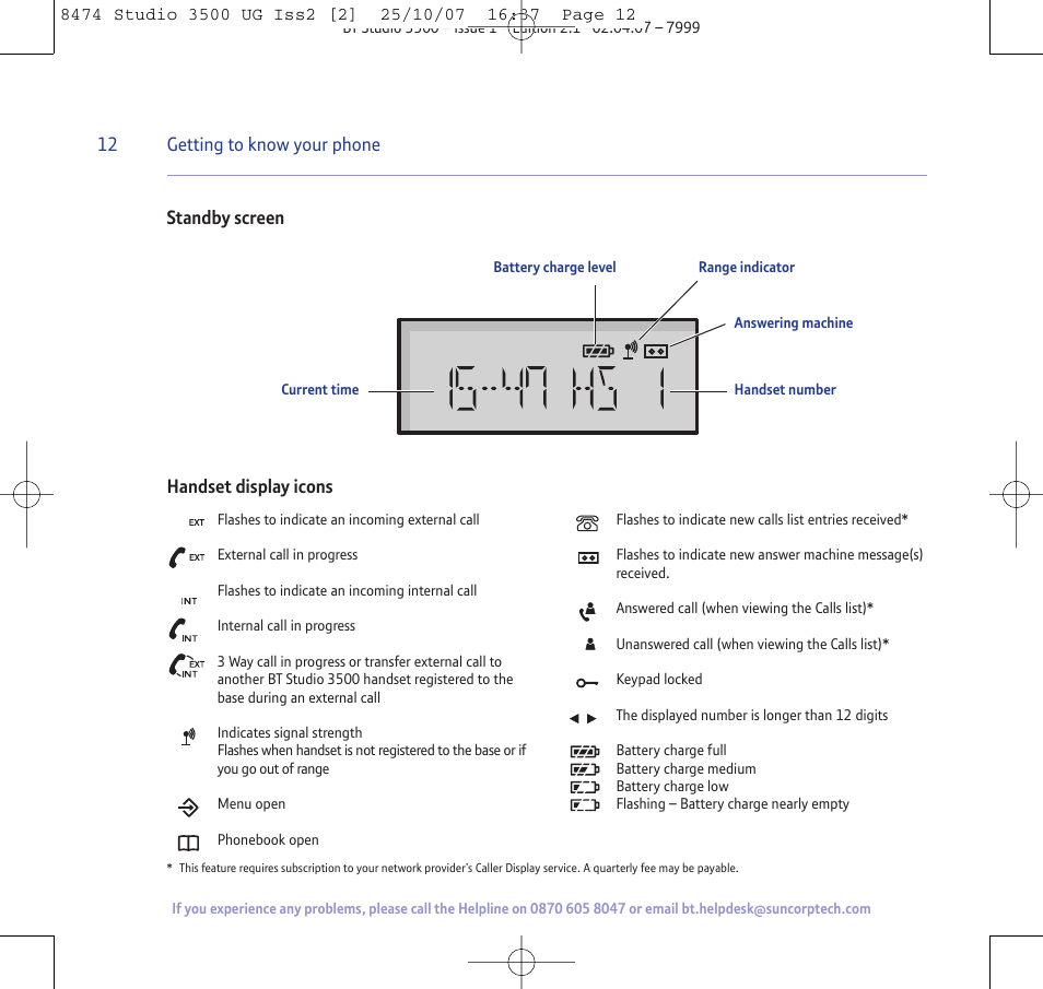 Getting to know your phone, Standby screen handset display icons | BT Studio 3500 User Manual | Page 12 / 56