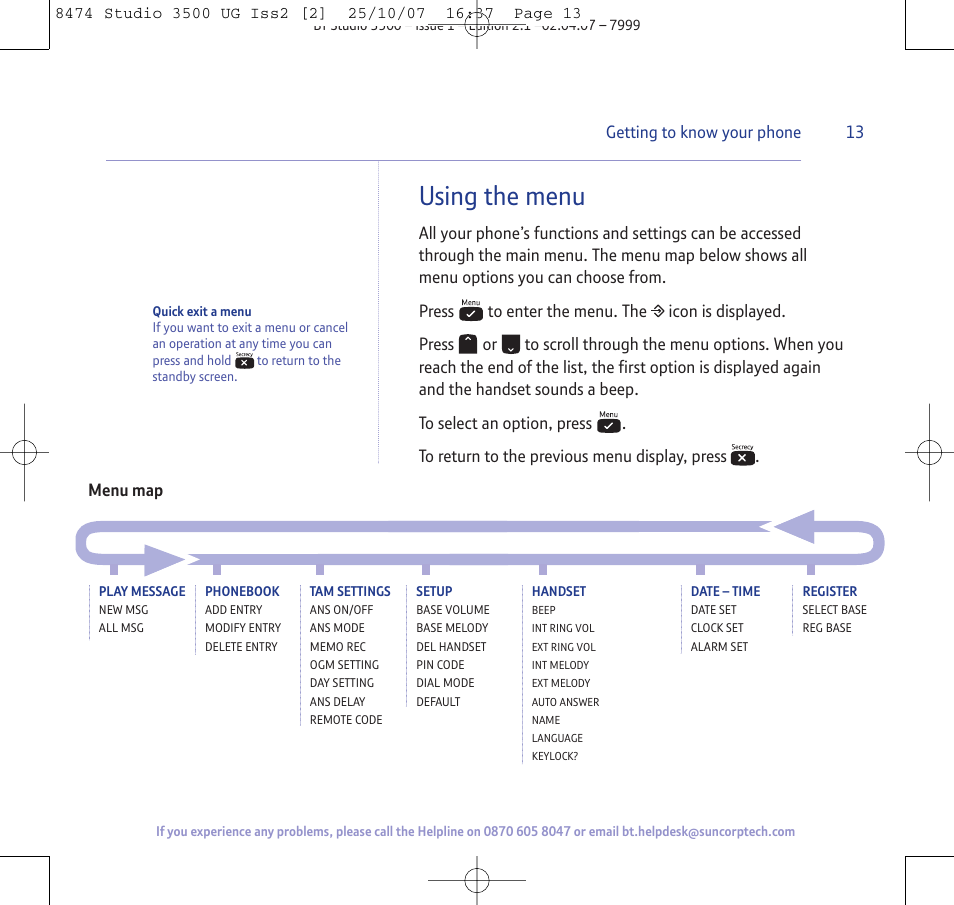 Using the menu | BT Studio 3500 User Manual | Page 13 / 56