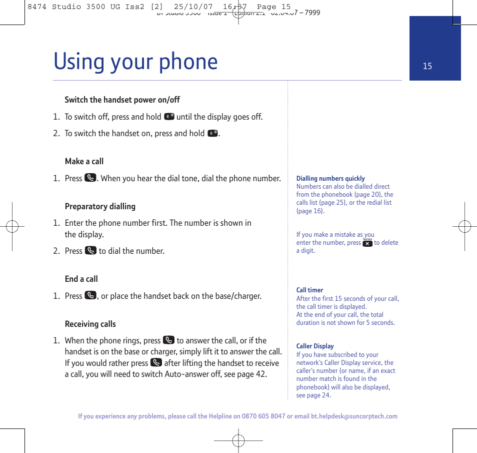 Using your phone | BT Studio 3500 User Manual | Page 15 / 56