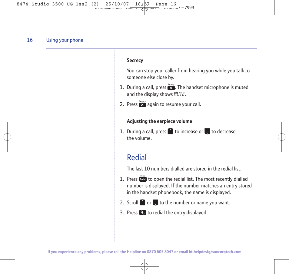 Redial | BT Studio 3500 User Manual | Page 16 / 56