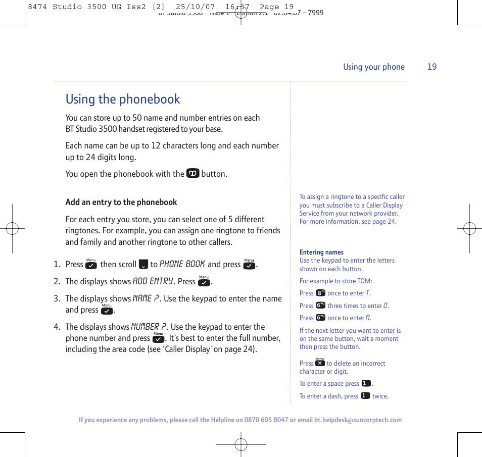 Using the phonebook | BT Studio 3500 User Manual | Page 19 / 56