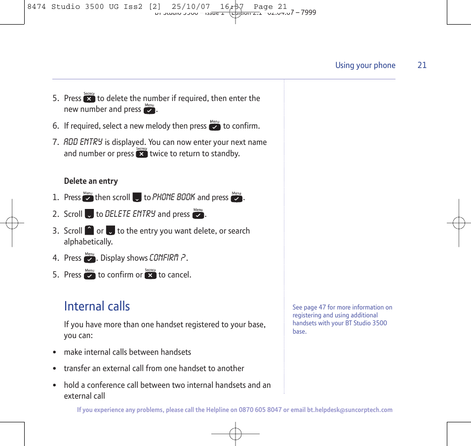 Internal calls | BT Studio 3500 User Manual | Page 21 / 56