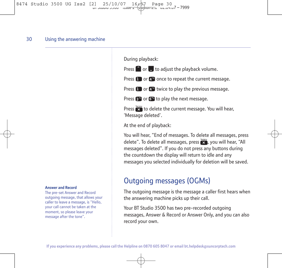 Outgoing messages (ogms) | BT Studio 3500 User Manual | Page 30 / 56