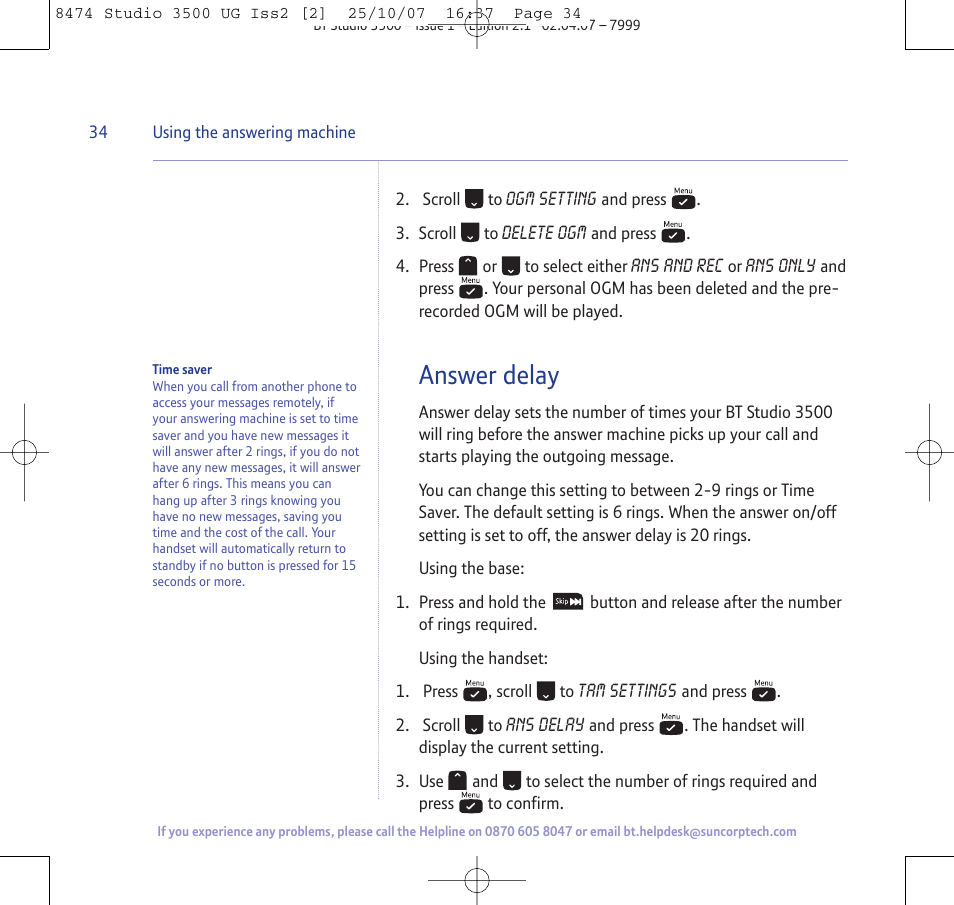 Answer delay | BT Studio 3500 User Manual | Page 34 / 56