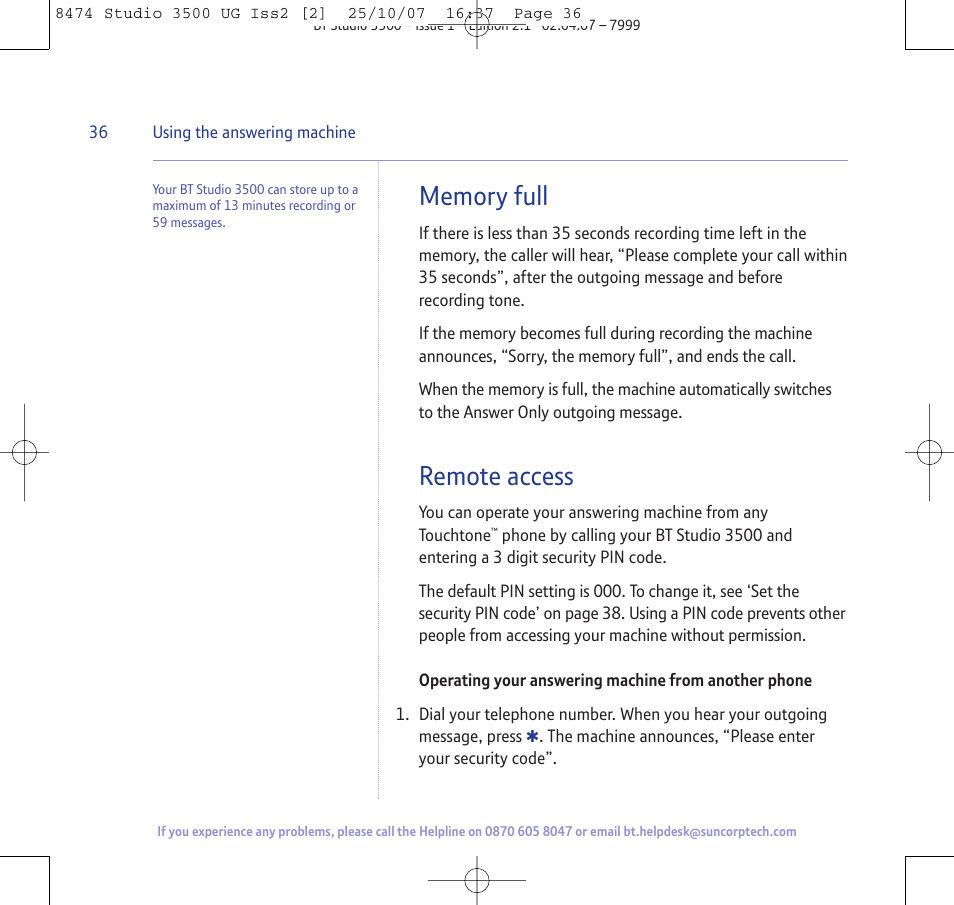 Remote access | BT Studio 3500 User Manual | Page 36 / 56