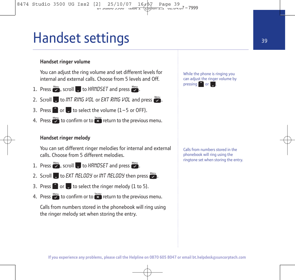 Handset settings | BT Studio 3500 User Manual | Page 39 / 56