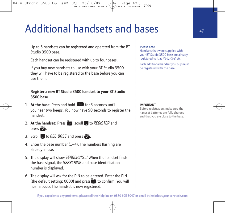 Additional handsets and bases | BT Studio 3500 User Manual | Page 47 / 56