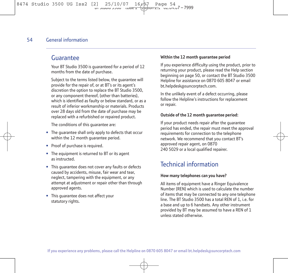 Guarantee, Technical information | BT Studio 3500 User Manual | Page 54 / 56