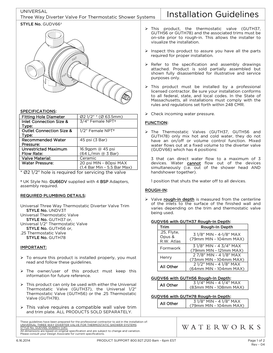 Waterworks Universal Three Way Diverter Valve with Shutoff for Thermostatic Shower Systems User Manual | 2 pages