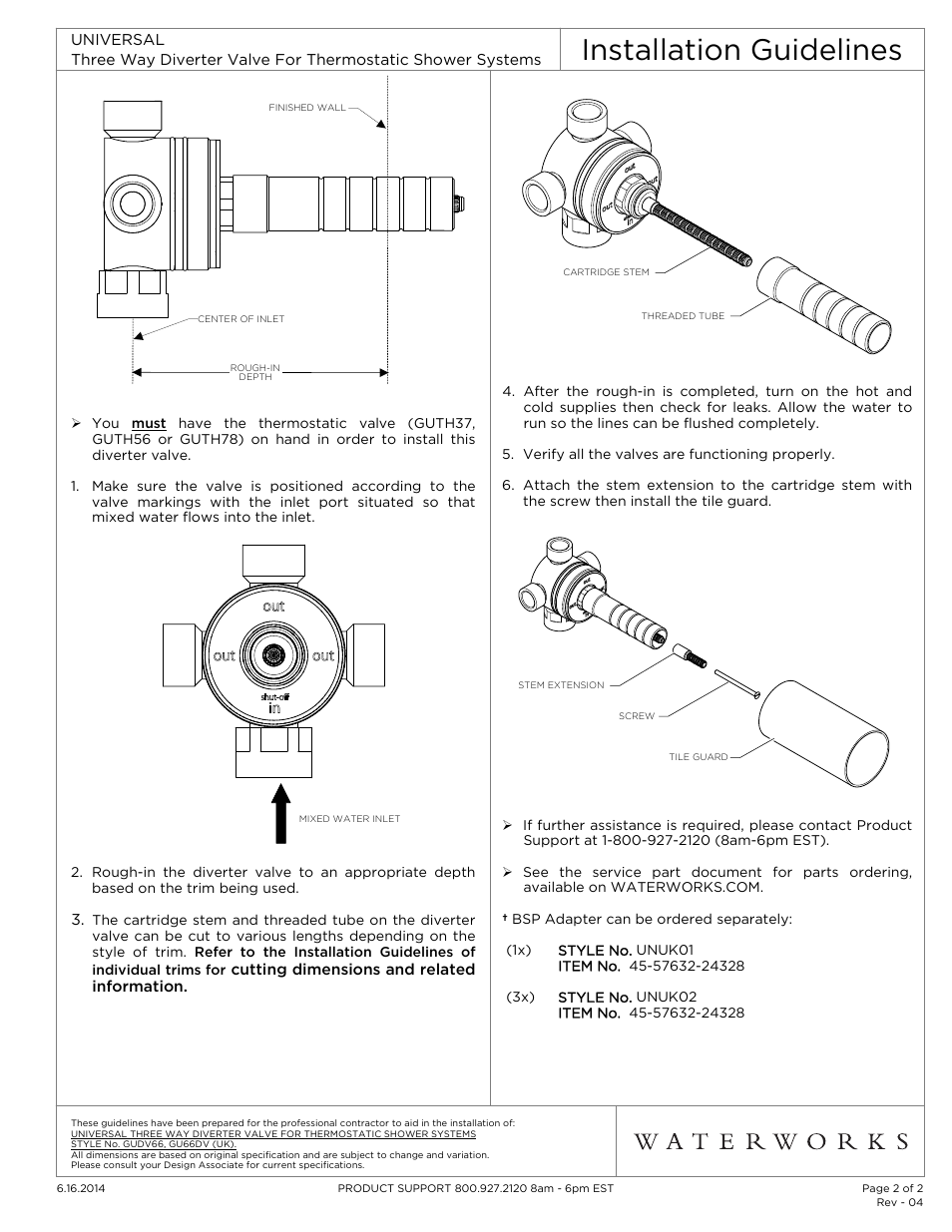 Installation guidelines | Waterworks Universal Three Way Diverter Valve with Shutoff for Thermostatic Shower Systems User Manual | Page 2 / 2