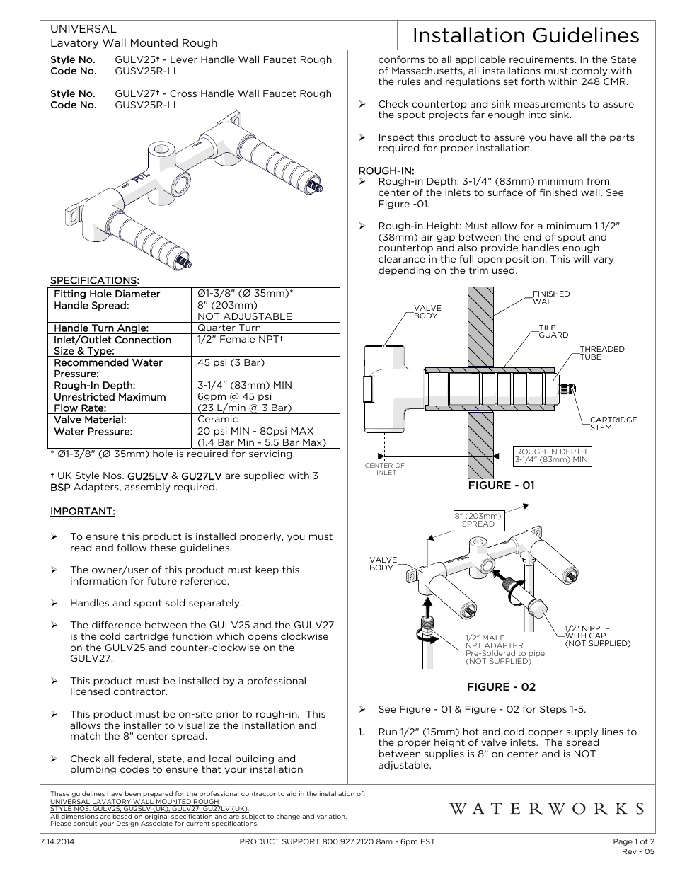 Waterworks Universal Lavatory Wall Mounted Rough Valve (Used with Cross or Wheel Handle Lavatory Faucets) User Manual | 2 pages