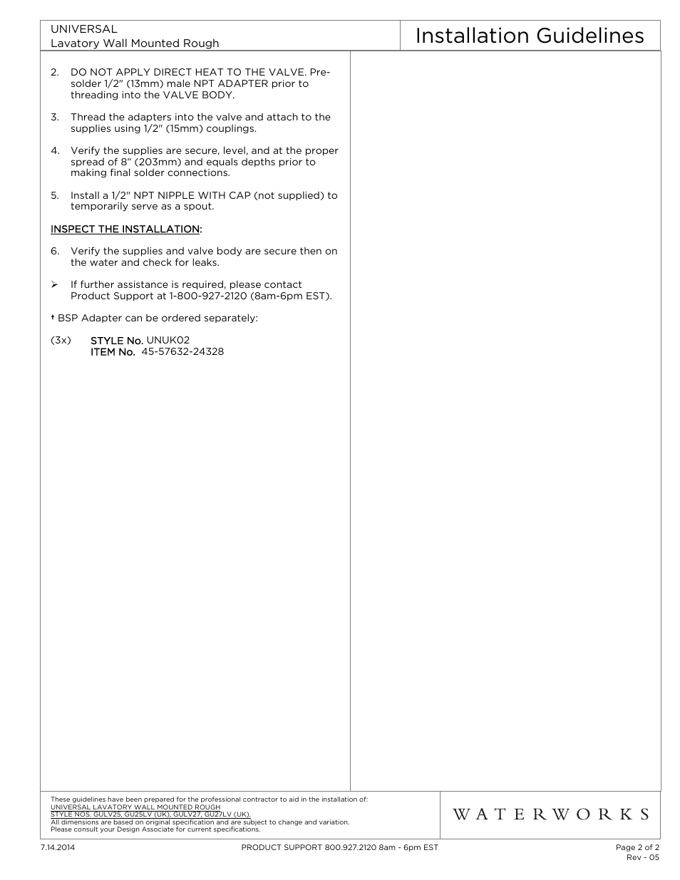 Installation guidelines | Waterworks Universal Lavatory Wall Mounted Rough Valve (Used with Cross or Wheel Handle Lavatory Faucets) User Manual | Page 2 / 2