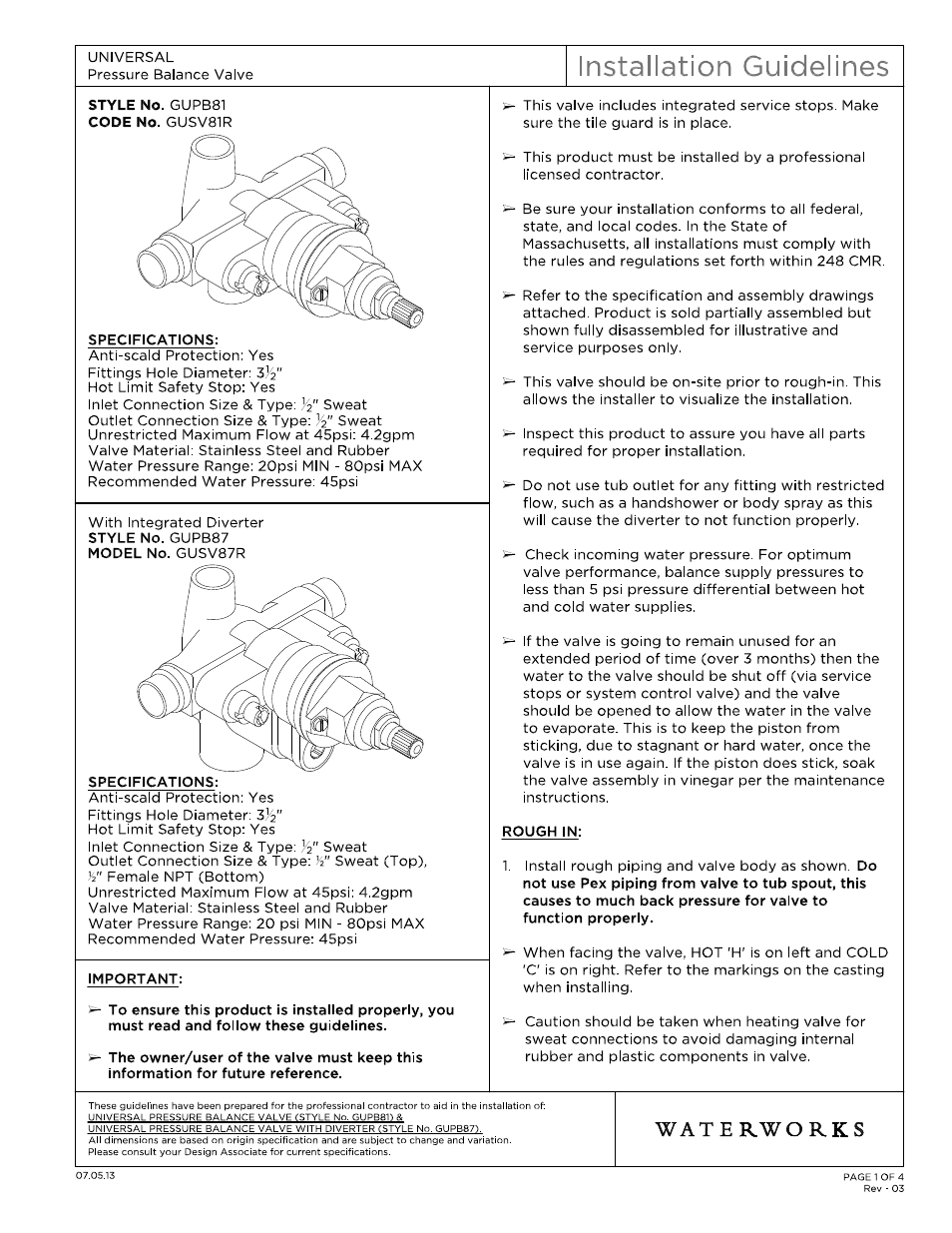 Waterworks Universal Pressure Balance with Diverter Valve User Manual | 13 pages