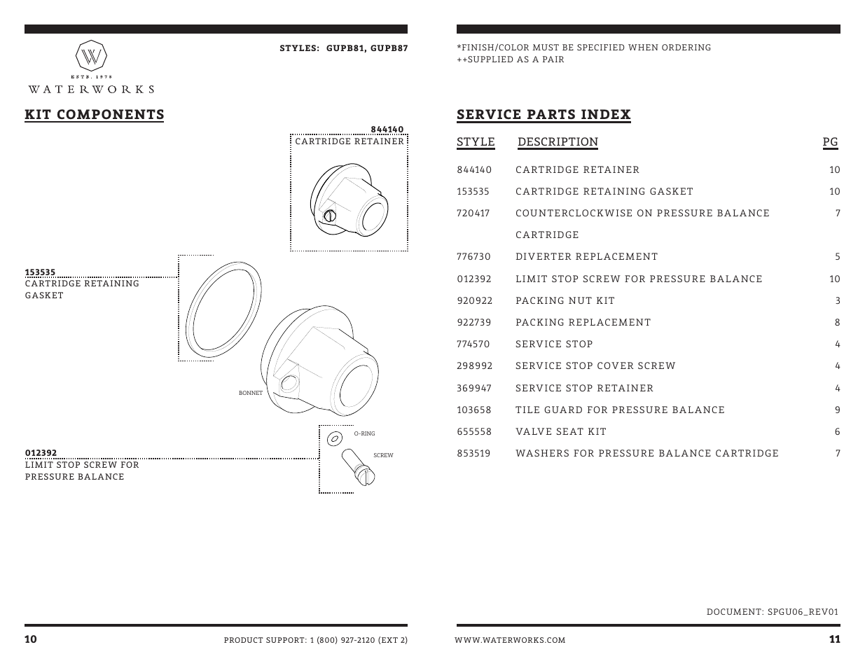 Service parts index, Kit components | Waterworks Universal Pressure Balance with Diverter Valve User Manual | Page 11 / 13