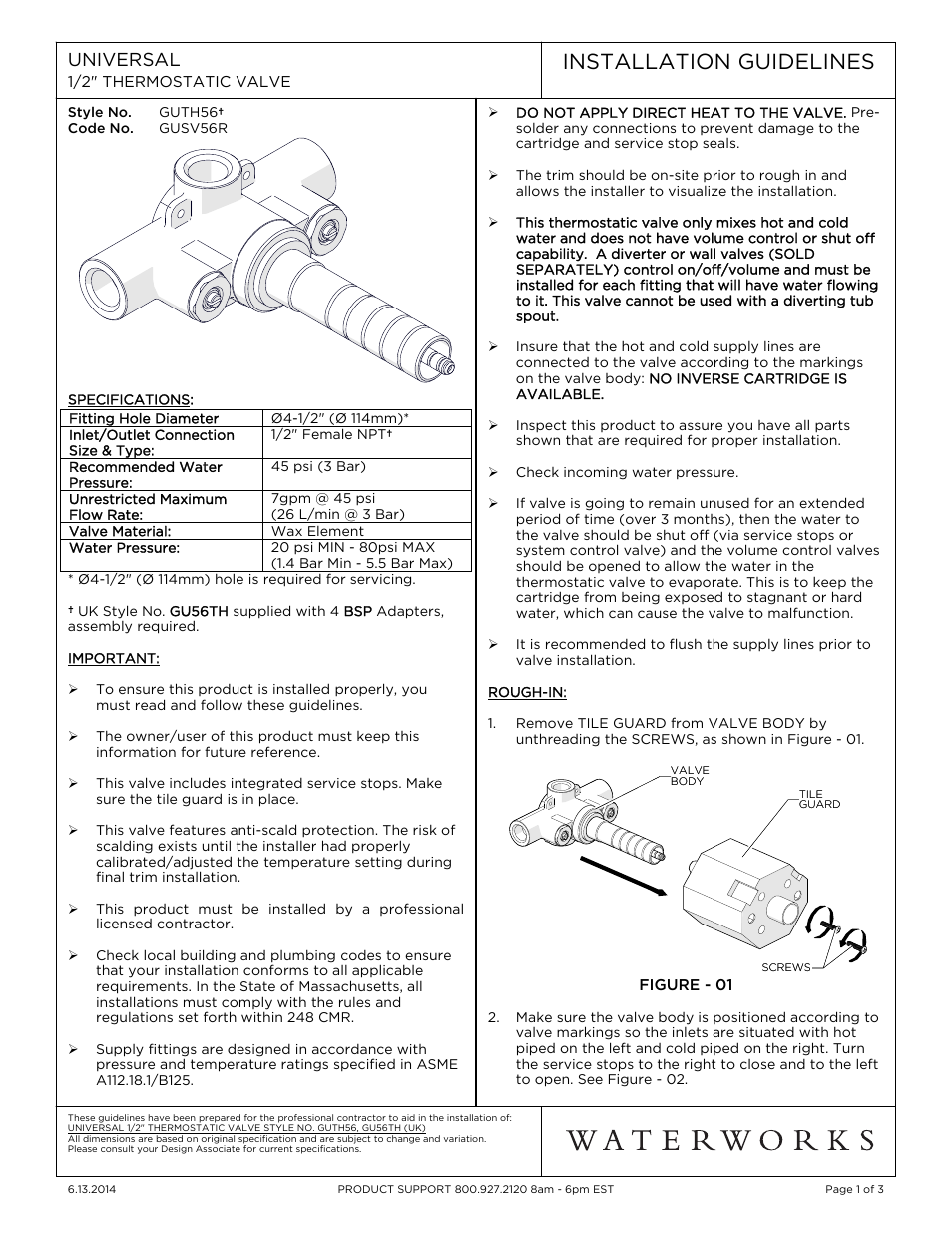 Waterworks Universal 1/2" Thermostatic Valve User Manual | 3 pages