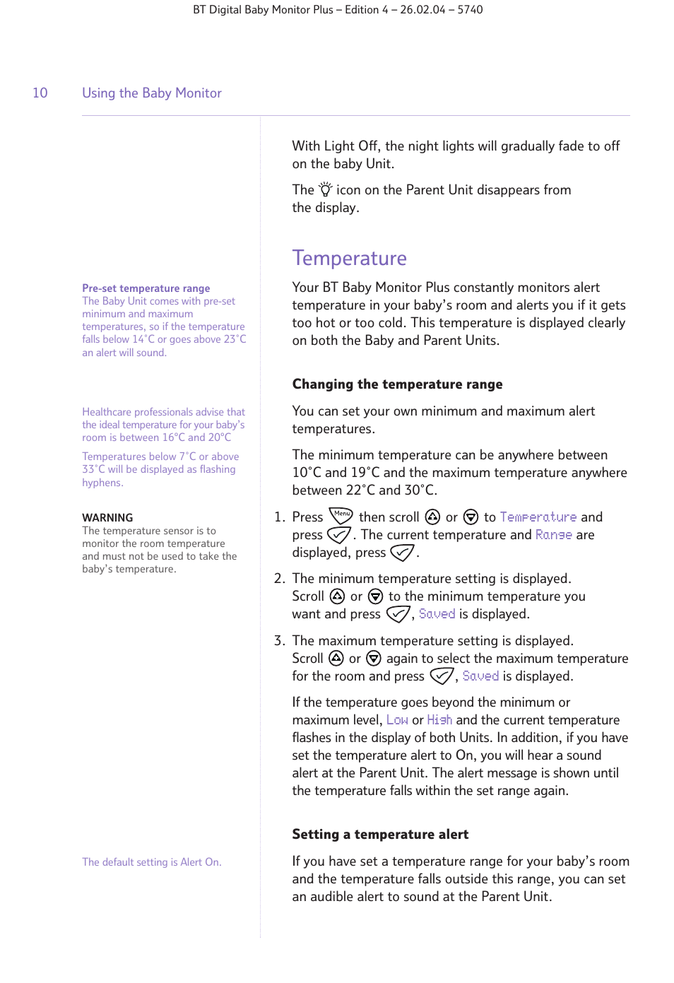 Temperature | BT Digital Baby Monitor Plus User Manual | Page 10 / 16
