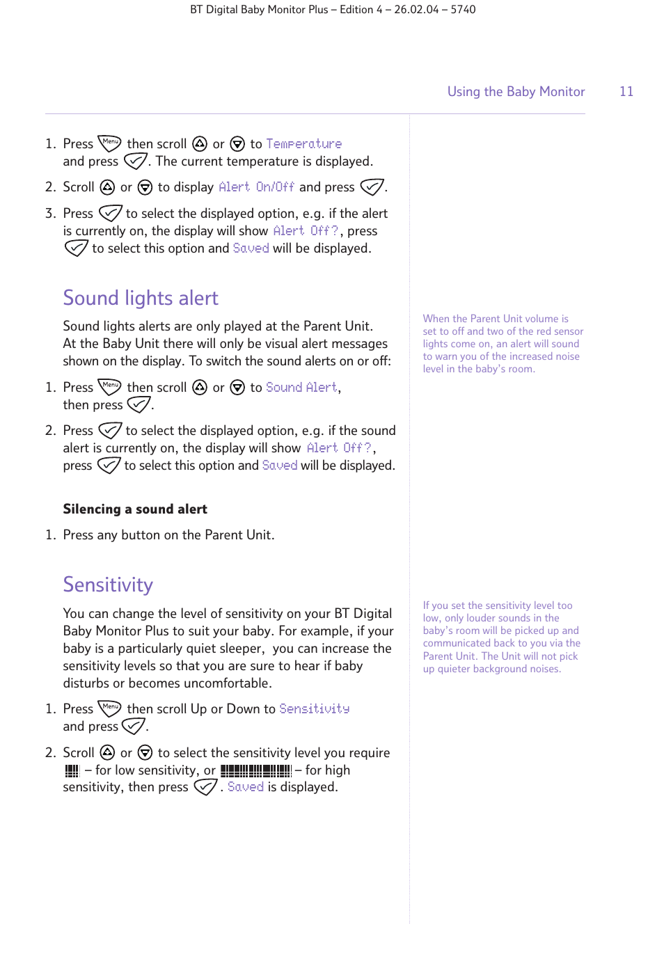 Sound lights alert, Sensitivity | BT Digital Baby Monitor Plus User Manual | Page 11 / 16