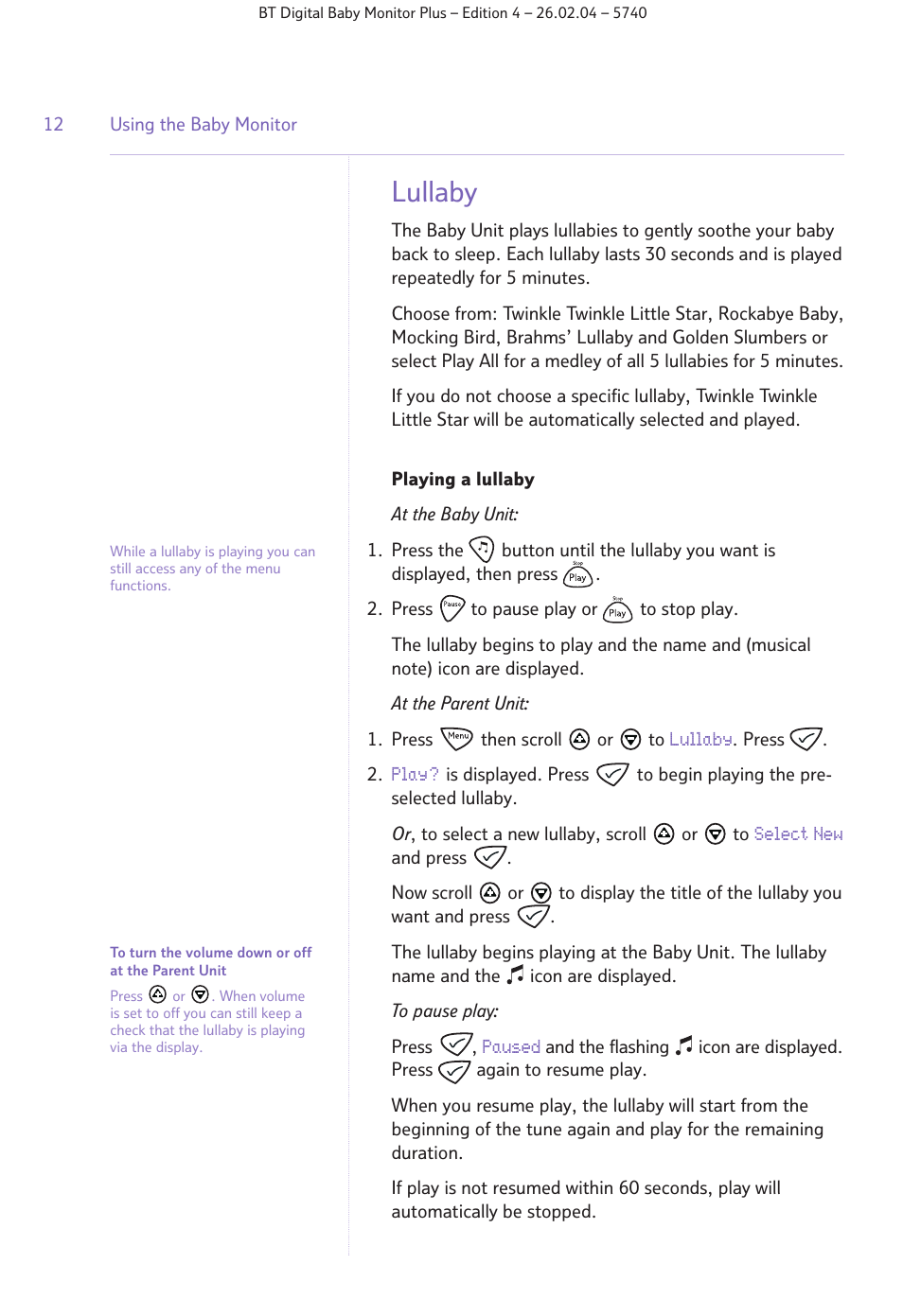 Lullaby | BT Digital Baby Monitor Plus User Manual | Page 12 / 16